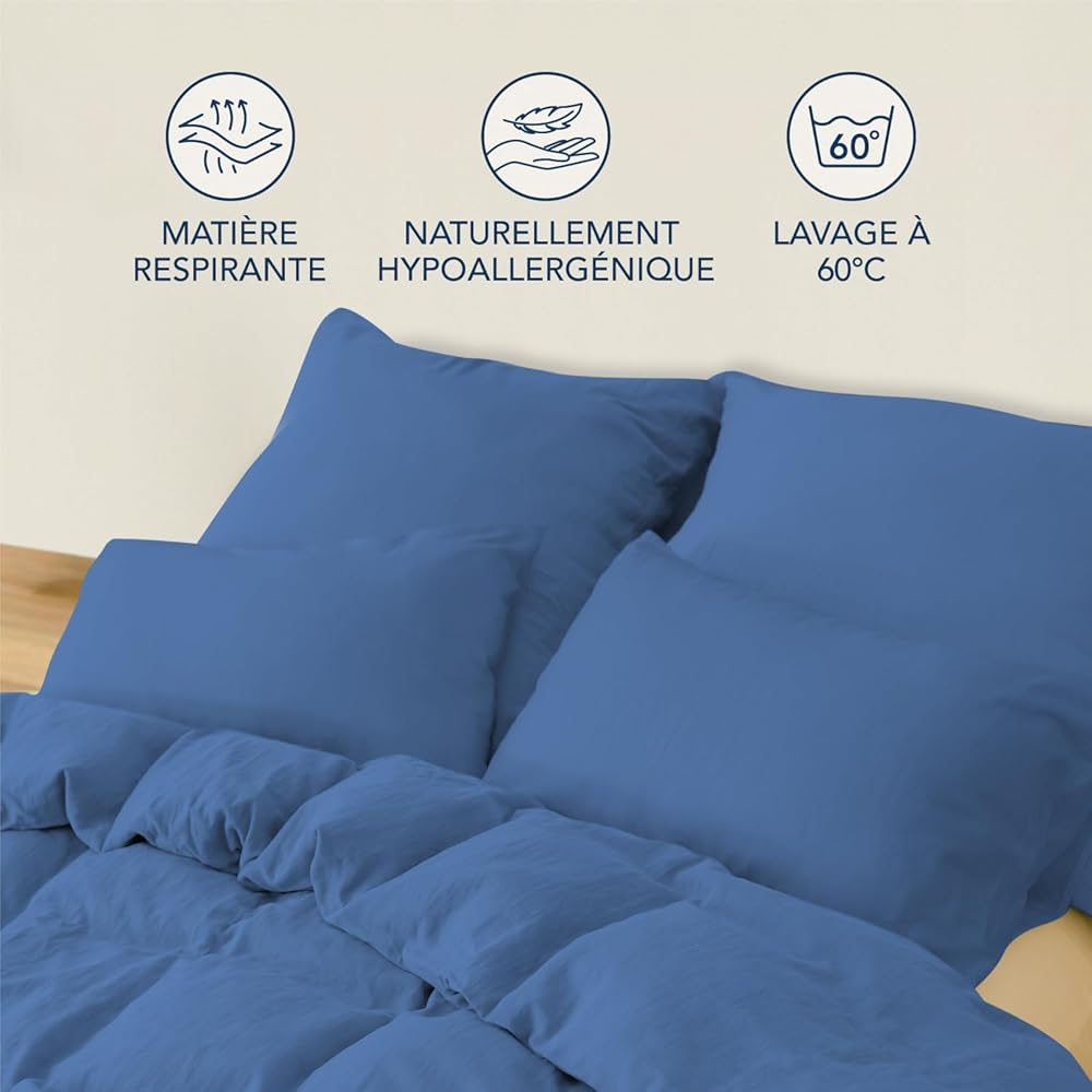 Dreamzie - Housse de Couette Gaze de Coton 240x220 cm avec 2 Taie Oreiller 80x80 cm - Bleu - Parure de Lit 240x220 Adulte - Certifié sans Produits Chimiques (Oeko TEX) : Cuisine et Maison