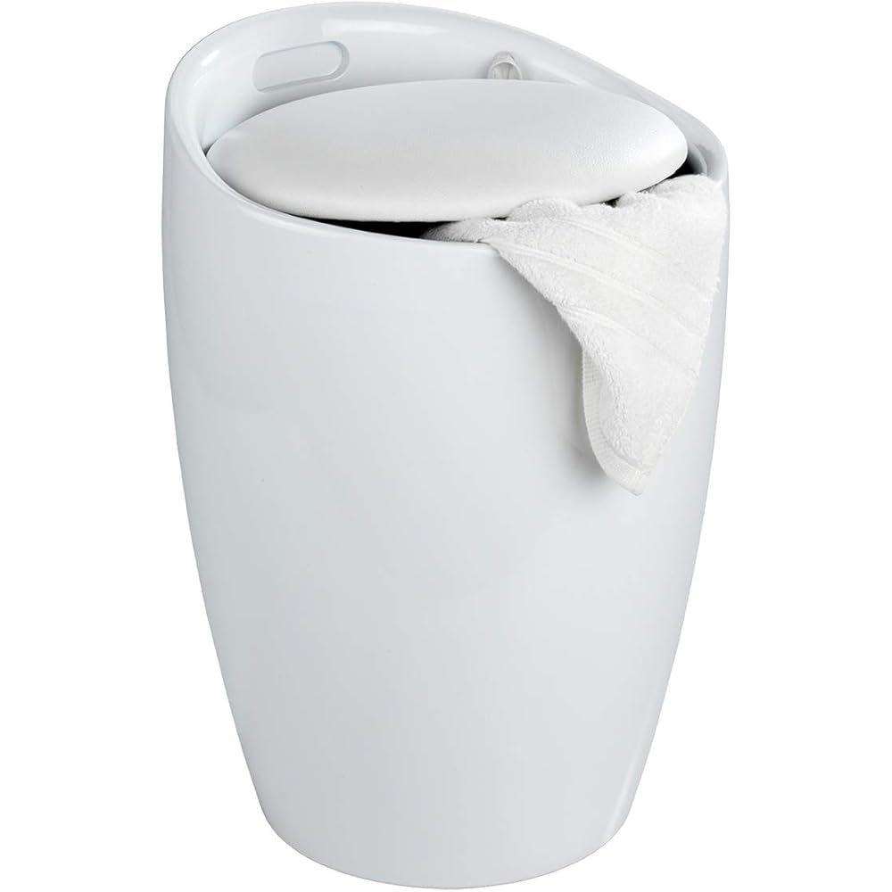 WENKO Tabouret Panier à Linge Coffre à Linge et Tabouret Salle de Bain Candy | Coussin Amovible, Filet Linge Amovible 20l | Plastique ABS résistant 120kg | d36x50,5cm | Blanc : Cuisine et Maison