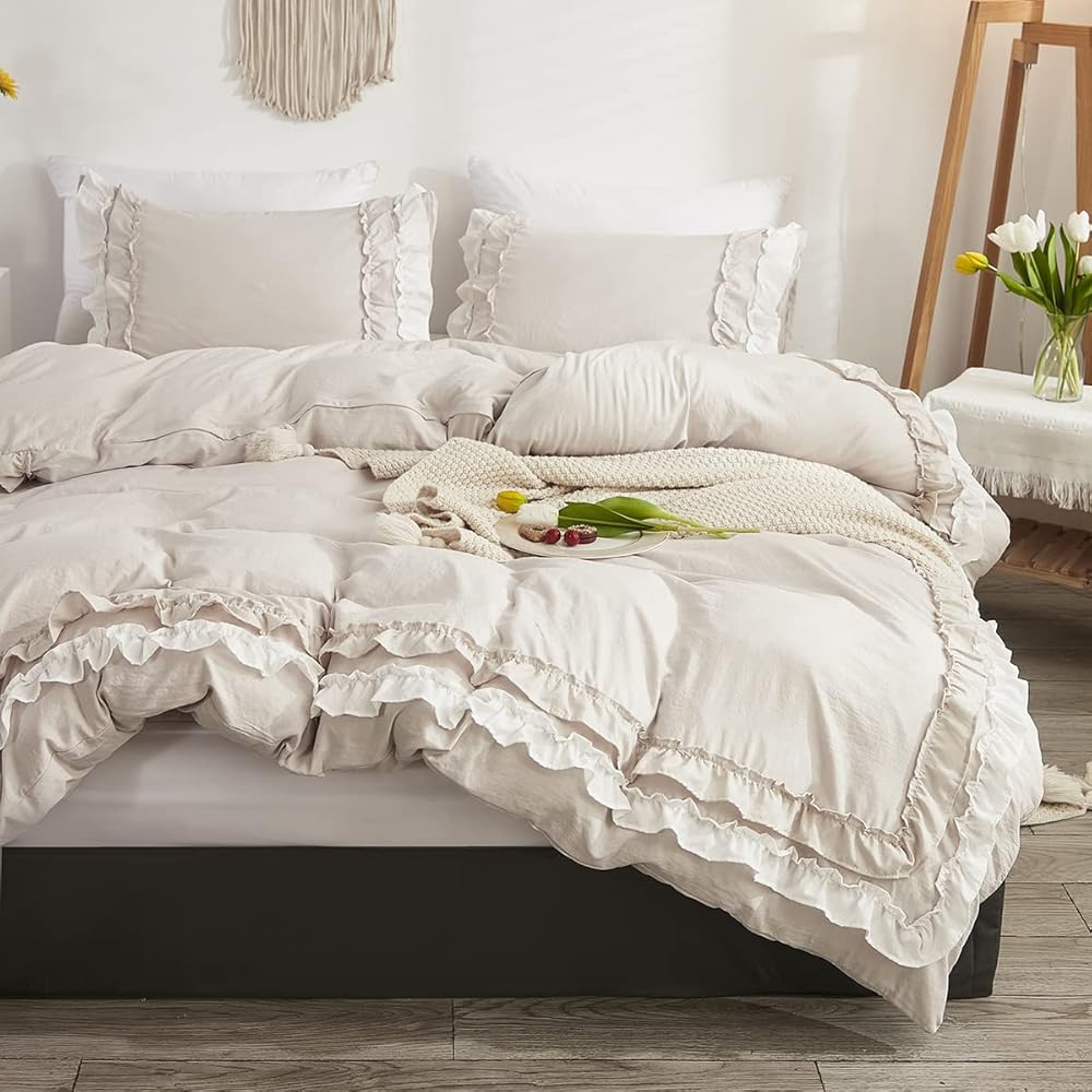 Sedefen Volants Romantique Parure de Lit 240 x 260cm Beige Housse de Couette 3 Pièces Bohémien Microfibre Parure de Lit Adulte avec Feuille de Lotus + 2 taie d'oreiller 65x65cm Avez Fermeture Éclair : Cuisine et Maison
