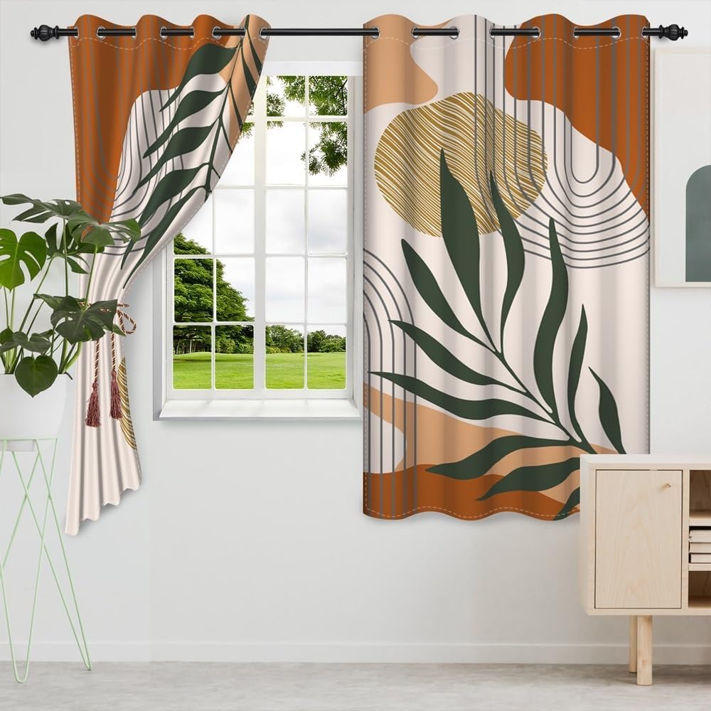 Uiiooazy Rideaux Occultant Abstrait, Rideaux Occultant Boho Terracotta Feuilles Vert Rideaux Thermiques Isolant Anti Froid et Chaleur Rideaux À Oeillets pour Chambre Cuisine Fenêtre, 2 PCS, 140x200cm : Cuisine et Maison
