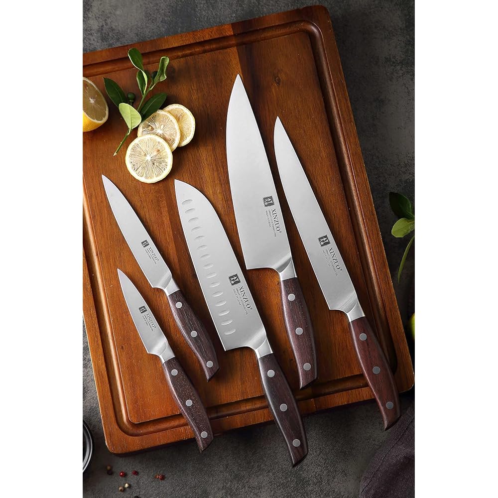 XINZUO 5 Pièces Set Couteaux de Cuisine en Acier Inoxydable 1.4116 Allemand,Professionnel Acier à Haute Teneur en Carbone Couteau de Chef Santoku Trancher Universel Fruits, Red Sandalwood Poignée : Cuisine et Maison