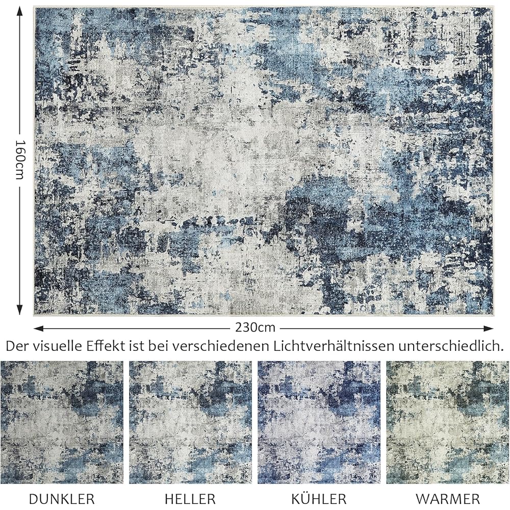 Guchuang Bedding Tapis de salon, 160 x 230 cm, bleu, antidérapant et lavable, design vintage chiné, estompé, à poils courts pour chambre à coucher : Cuisine et Maison