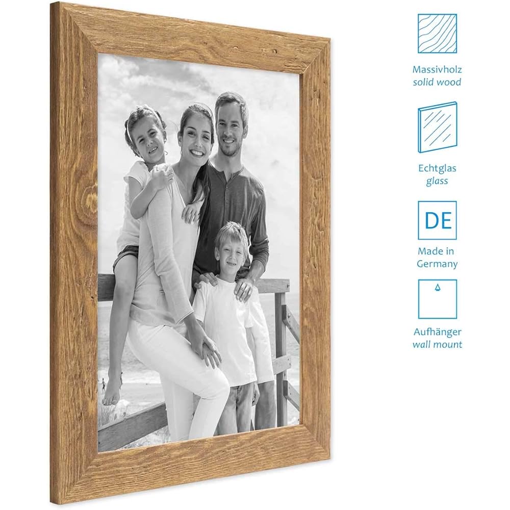PHOTOLINI Cadres en bois 20 x 30 cm aspect chêne, lot de 2 cadres photo en bois véritable rustique, avec verre, à suspendre, avec accessoires - aspect naturel de bois flotté : Cuisine et Maison