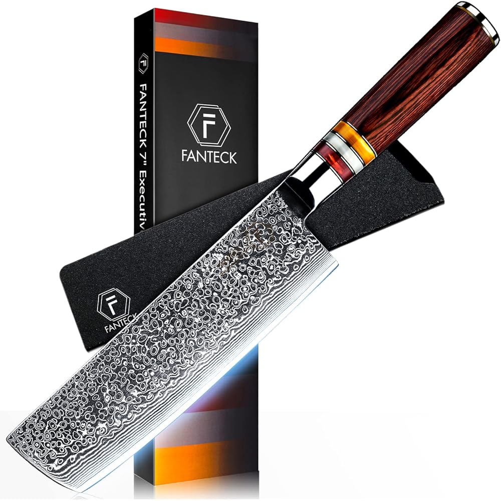 FANTECK Couteau de Cuisine Nakiri en Acier Damas de 67 Couche, Japonais de 18 cm, Professionnel, Manche en Bois de Pakka : Cuisine et Maison