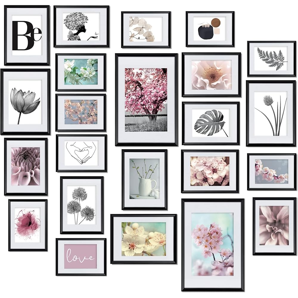 BOMOE Blossom Cadre Photo Ensemble 24 Pcs 10x 10x15 cm, 8x 13x18 cm, 4x 15x20 cm, 2x 20x30 cm pour Collages de Photos – Cadres Photo avec Passepartout – Décoration Murale Matière Synthetique (Noir) : Cuisine et Maison