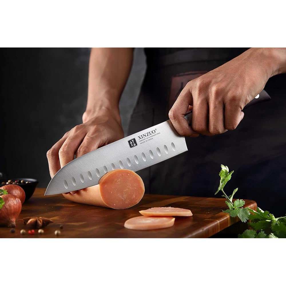 XINZUO 5 Pièces Set Couteaux de Cuisine en Acier Inoxydable 1.4116 Allemand,Professionnel Acier à Haute Teneur en Carbone Couteau de Chef Santoku Trancher Universel Fruits, Red Sandalwood Poignée : Cuisine et Maison
