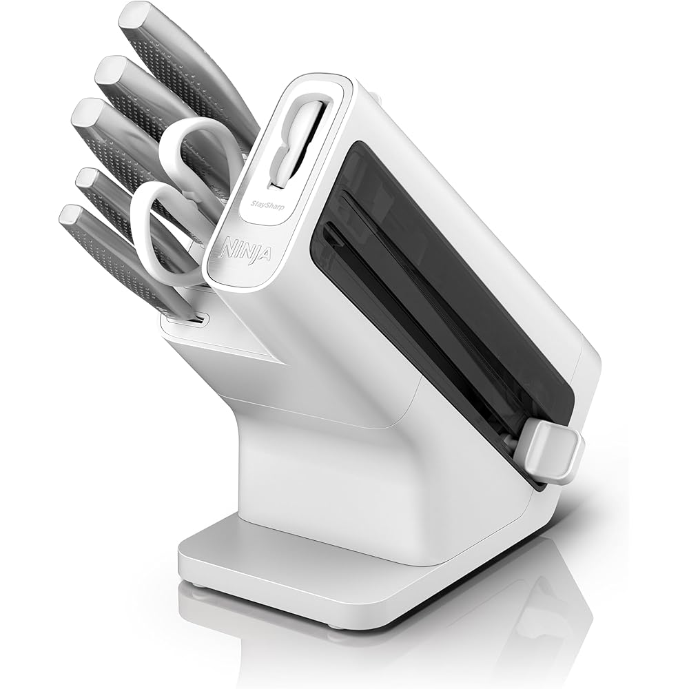 Ninja StaySharp Ensemble de couteaux 6 pièces en acier inoxydable avec aiguiseur intégré, ciseaux de cuisine et couteaux de chef, à trancher, à pain, tout usage et d'office, blanc, K62006EUWH : Cuisine et Maison
