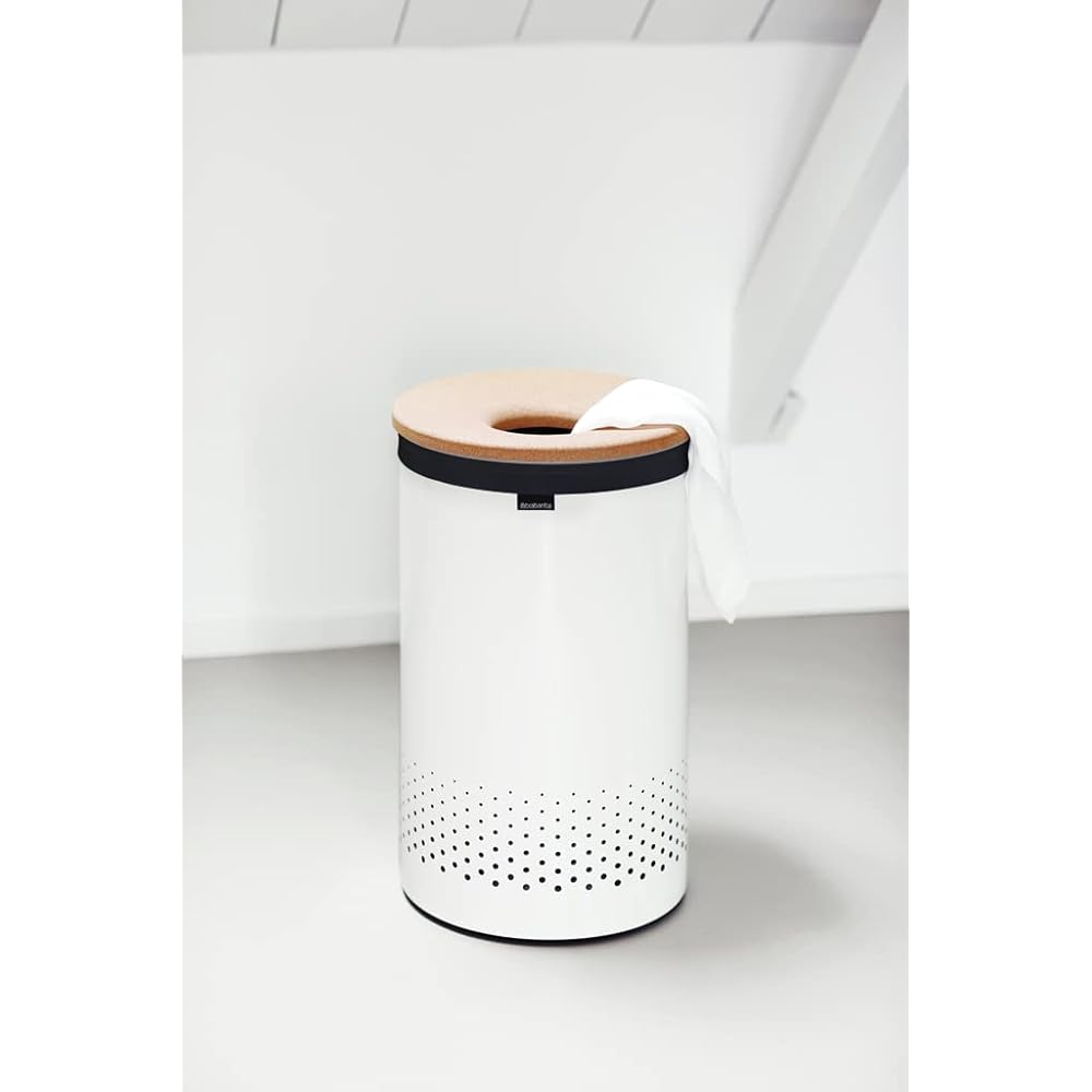 Brabantia - Corbeille à Linge - Couvercle en Liège - Portable Sac à Linge - Corbeille avec des Orifices de Ventilation - Pas de Rayures - Matériaux Durables Résistants à la Corrosion - Blanc - 60 L : Cuisine et Maison