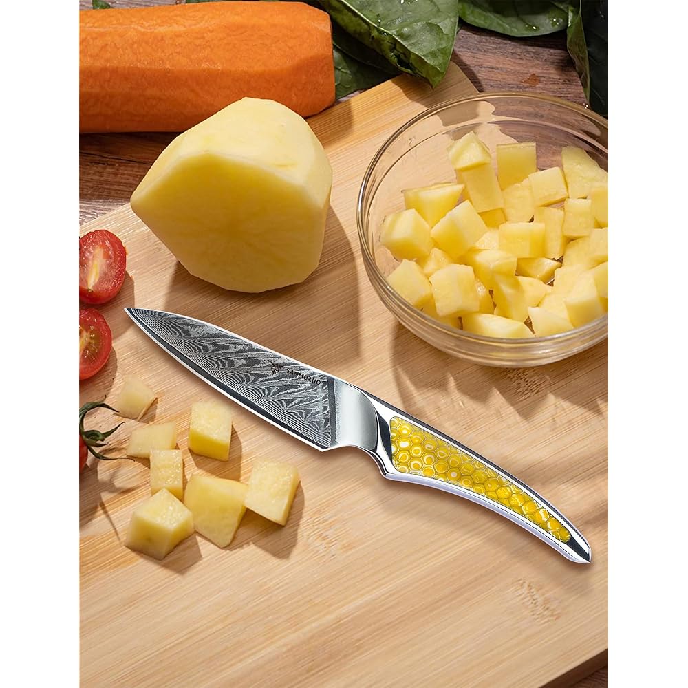 SANMUZUO Couteau d'office 9 CM, couteau de cuisine japonais en acier Damas VG-10, couteau à fruits ultra tranchant avec manche pleine soie en résine Jaune, série LA-S9 : Cuisine et Maison