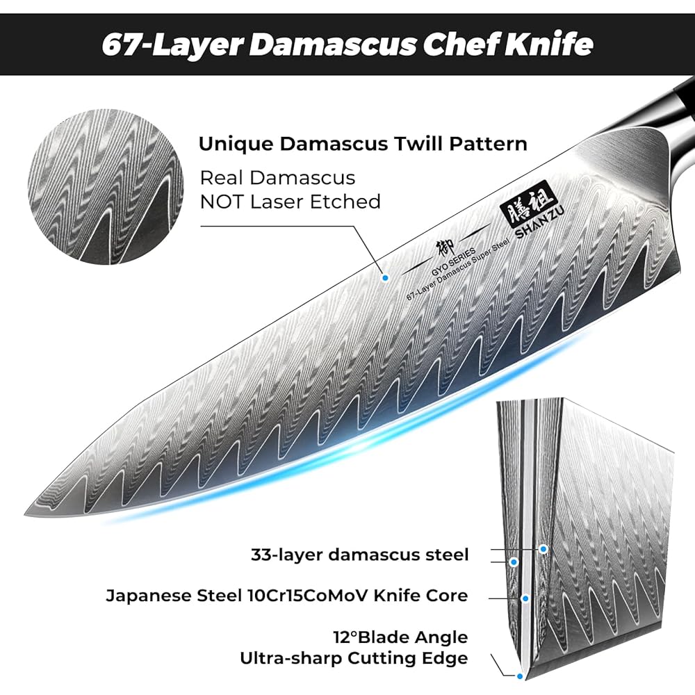 SHAN ZU Couteau Cuisine Damas 21 cm Japonais 67 Couches Damas 10Cr15Mov Couteau Utilitaire Professionnel en Acier à Haute Teneur en Carbone avec Manche en Fibre de Verre G10 : Cuisine et Maison
