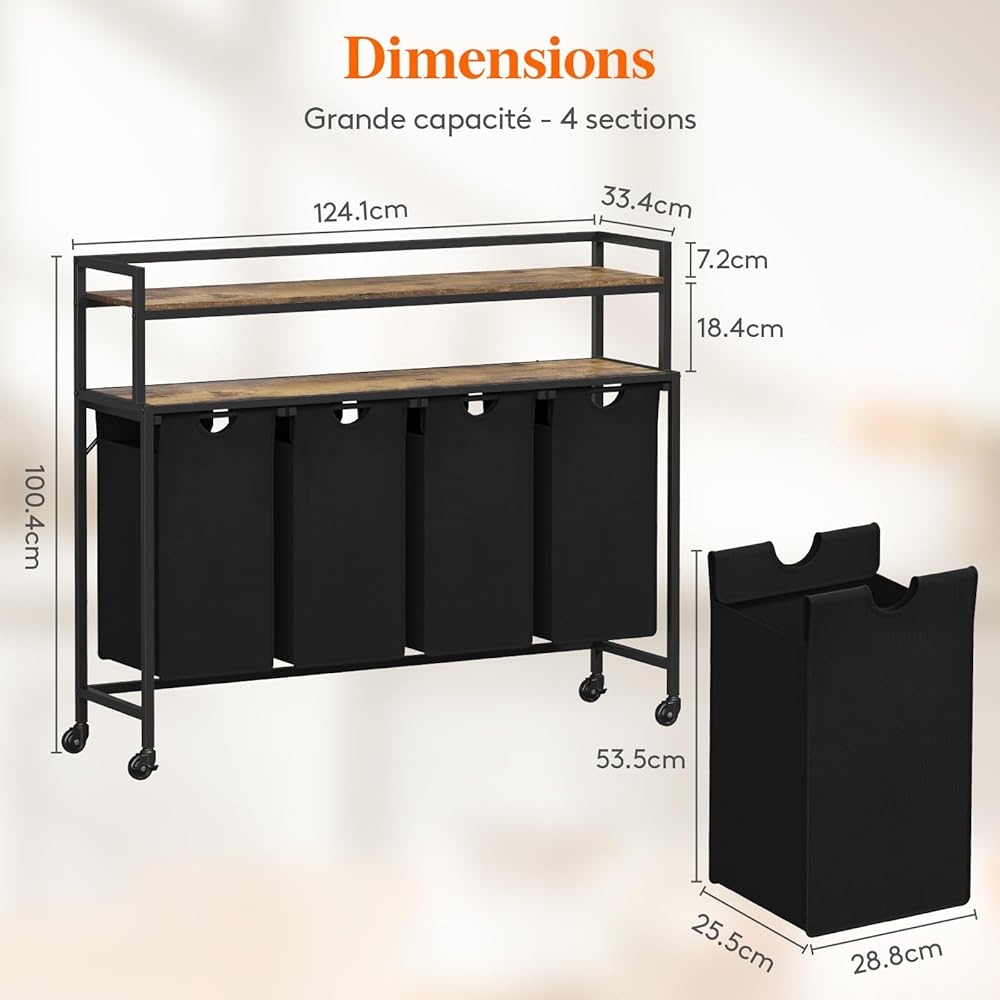 Lifewit Panier a Linge 4 Compartiments Roulettes 168L, Meuble Linge Sale avec Grande Étagère Supérieure et 4 Sac à Linge en Tissu Oxford, Bac à Linge pour Buanderie, Chambres, Salles de Bains, Noir : Cuisine et Maison