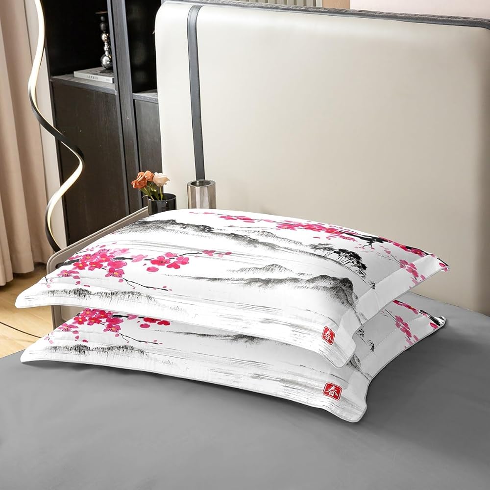 Homemissing Fleurs de Cerisier Housse de Couette 100% Coton Style Japonais Literie Set 140x200cm Fleurs de Cerisier Parure de lit Chambre décor Floral Plantes Rose Literie Ensemble 2 pièces : Cuisine et Maison