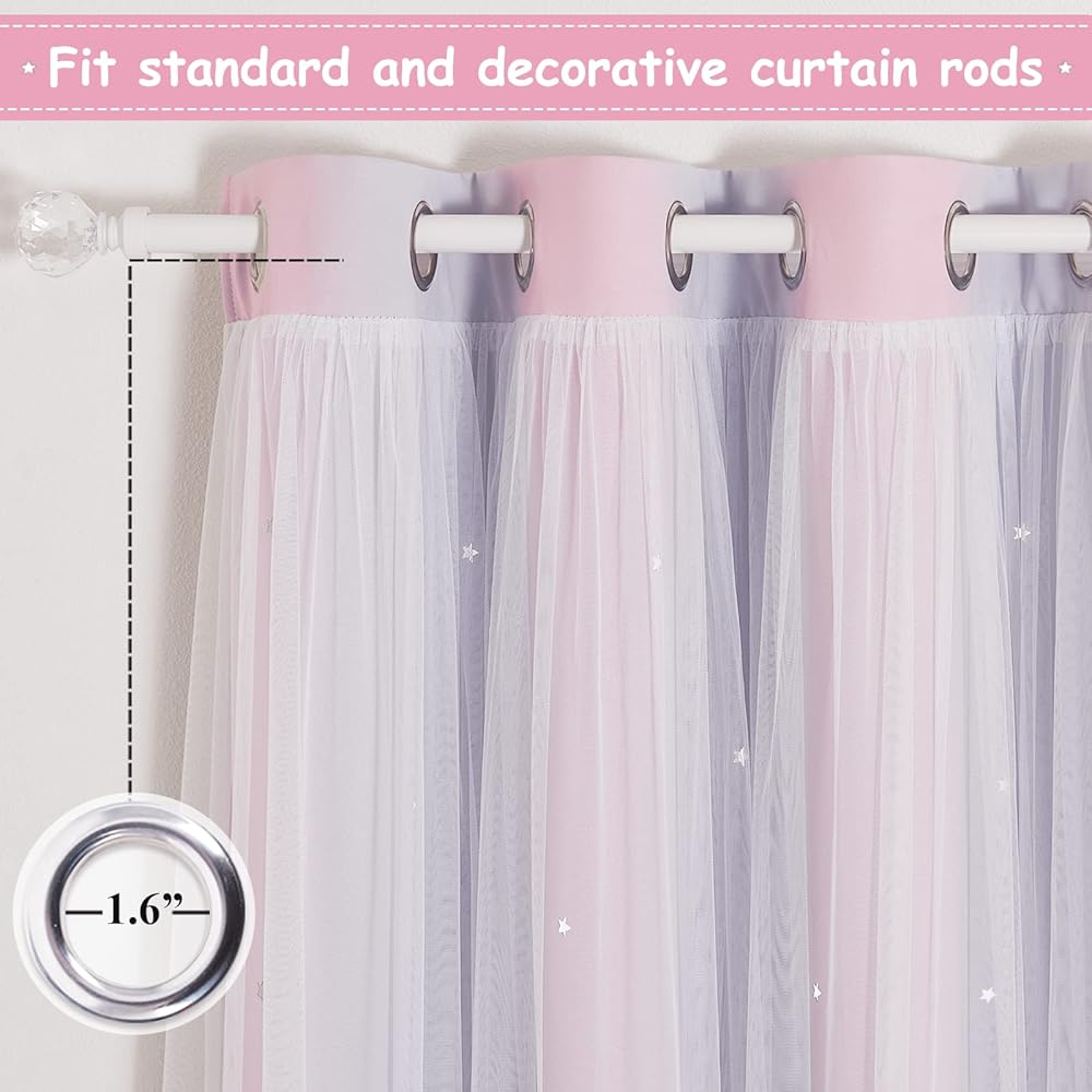 NICETOWN Rideau Chambre Fille - Rideaux Occultant avec Blanc Voilages Décoration pour Chambre Enfant Motif Forme Etoiles à Oeillets, L 132 sur H 240 cm, Rose + Violet, 2 Pièces : Cuisine et Maison