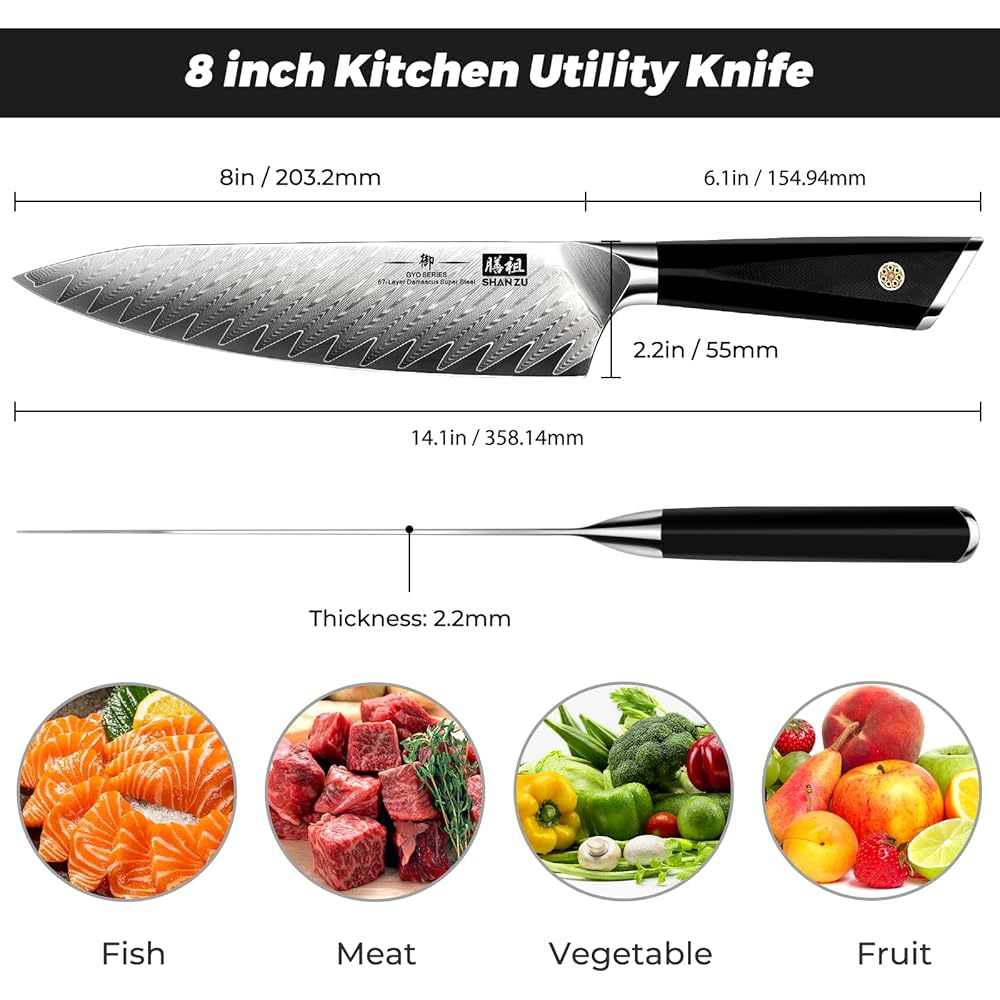 SHAN ZU Couteau Cuisine Damas 21 cm Japonais 67 Couches Damas 10Cr15Mov Couteau Utilitaire Professionnel en Acier à Haute Teneur en Carbone avec Manche en Fibre de Verre G10 : Cuisine et Maison