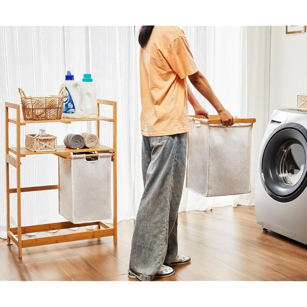 YOUDENOVA Panier à linge en bambou avec 2 étagères et 2 sacs à linge extensibles pour chambre à coucher, salle de bain ou buanderie, 93 x 64 x 33 cm, ivoire : Cuisine et Maison