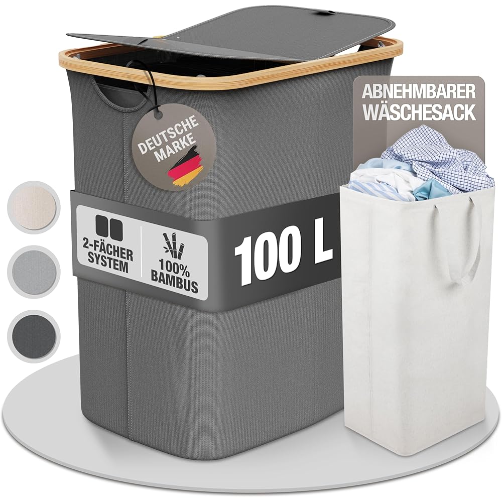 Panier à linge 2 compartiments avec couvercle,100 litres,Tissu bambou gris,Grand,Panier à linge avec couvercle,Panier à linge,Gris foncé,Anthracite,Noir,Laundry Hamper,Celeko foncé,100 l : Cuisine et Maison