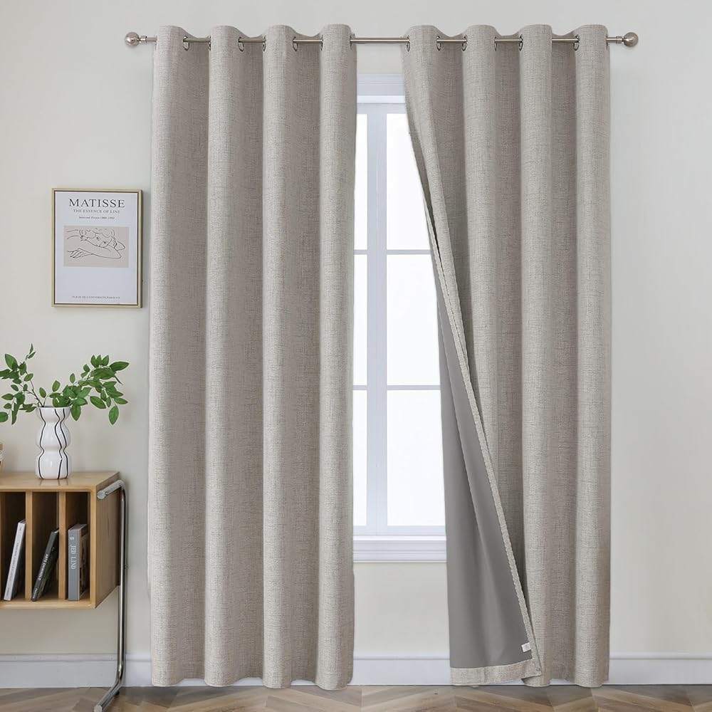 Joydeco 100% Rideau Occultant 2 Pièces, Lin Rideau Thermique Isolant Anti Chaleur Texturé Tenture Opaque à Oeillets Isolation Lumiere Anti UV Decoration Chambre Maison Salon Intérieurs : Cuisine et Maison
