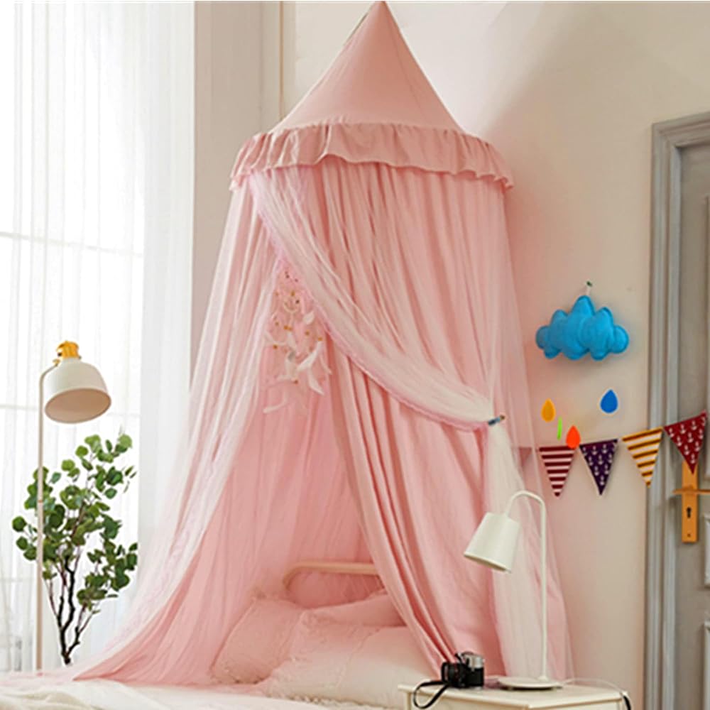 HUOQOU Baldaquin de lit pour Filles Double Couche Princesse Dôme Rond Enfants Moustiquaire rêveuse Linge Château Tente de Jeu Maison Suspendue Décor Niche de Lecture Baldaquins(Rose/Blanc) : Bébé et Puériculture
