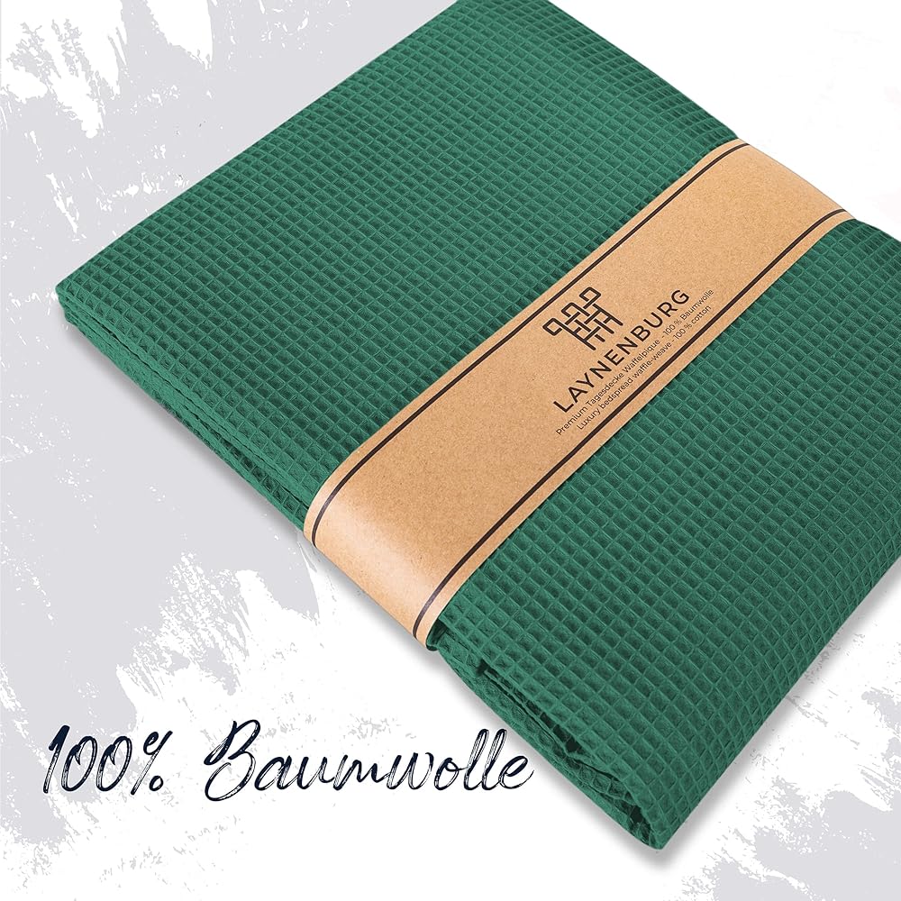 LAYNENBURG Couvre-lit 220 x 240 cm XXL - Piqué gaufré 100% Coton - Couverture légère pour l'été - Couverture en Coton pour Le lit, Le canapé - Couverture aérée pour Le canapé (Vert foncé) : Cuisine et Maison