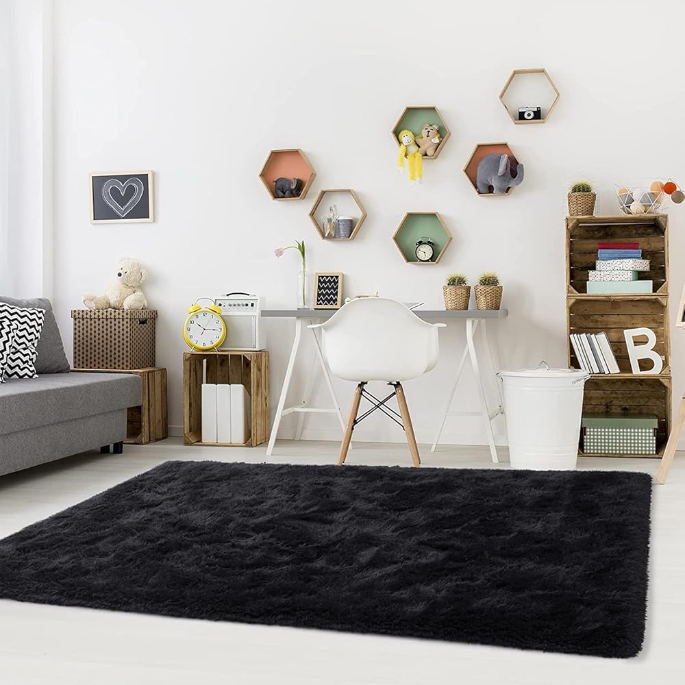 VanderHOME Tapis Doux Salon Chambre sans Perte ni décoloration Tapis De Sol Grand Soft Tapis à Poils Longs Moelleux sans Perte ni décoloration Tapis décoratif 200 * 300cm-Noir : Cuisine et Maison