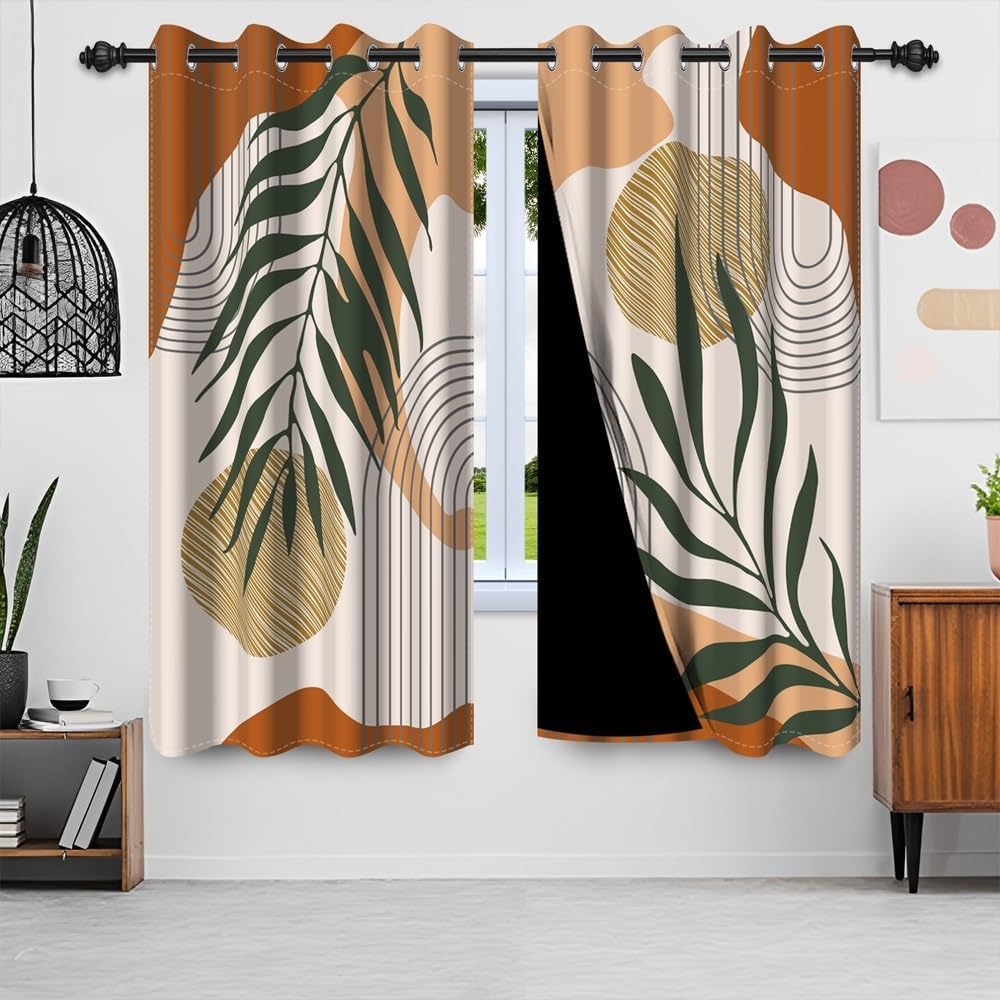 Uiiooazy Rideaux Occultant Abstrait, Rideaux Occultant Boho Terracotta Feuilles Vert Rideaux Thermiques Isolant Anti Froid et Chaleur Rideaux À Oeillets pour Chambre Cuisine Fenêtre, 2 PCS, 140x200cm : Cuisine et Maison