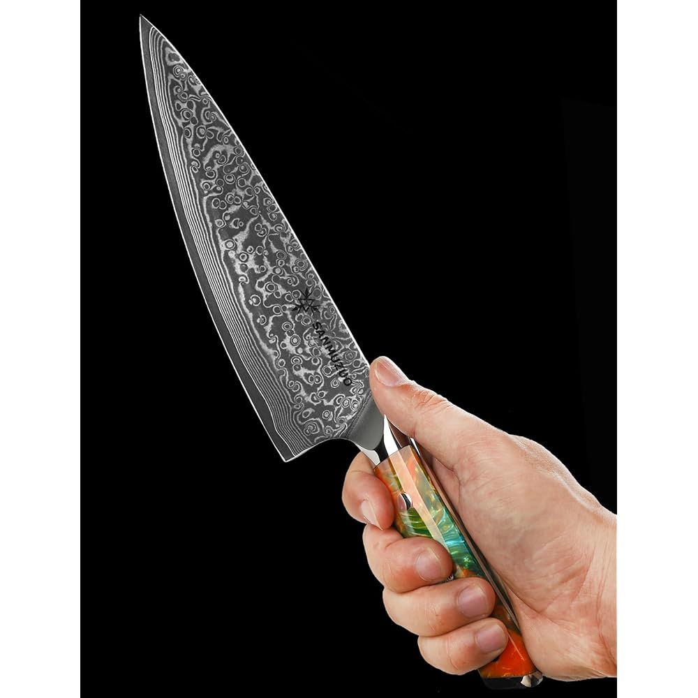 SANMUZUO Couteau de Chef en Damas - Lame de 20cm - Japonais en Acier de Damas 67 Couches Couteau de Cuisine - Manche en Résine (Orange Fantastique) - Xuan Série : Cuisine et Maison