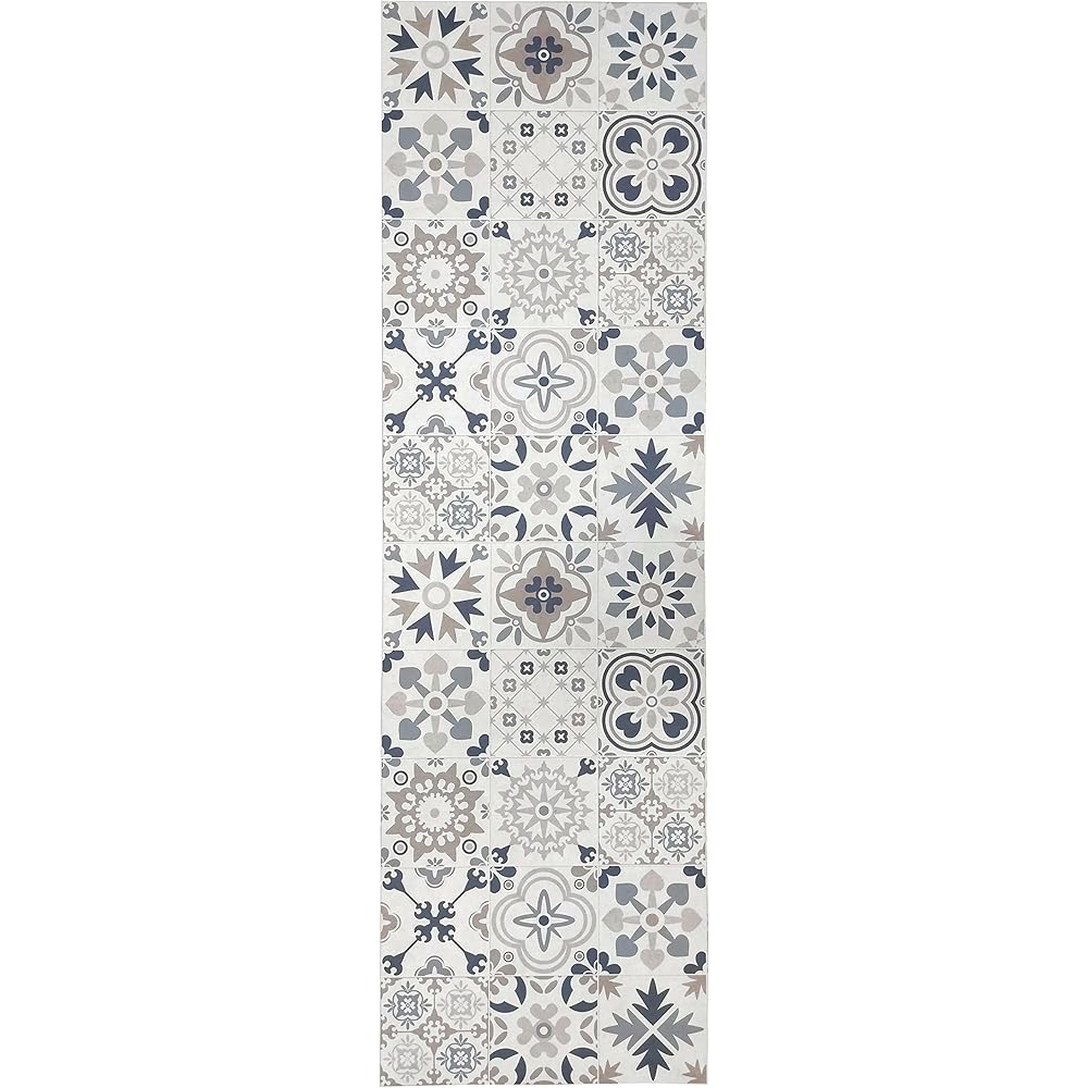 Tadi &amp; Imperio1979 Tapis Vinyle hydraulique en Carreaux réalistes, pour Salon, Couloir, Cuisine et Moquette sur Mesure, Couleur Beige avec Tons Bleu, doré et Orange. : Cuisine et Maison