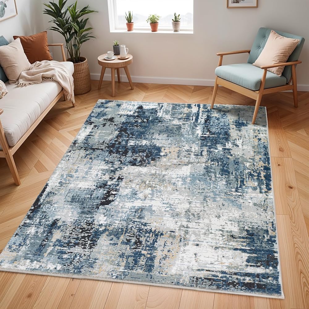 Livabliss Paris Tapis Moderne Abstrait - Tapis Salon, Salle à Manger, Chambre Adulte et Ado, Cuisine - Design Marbre Moucheté Multicolore, Poil Ras Doux 200x274 cm - Bleu, Gris, Beige : Cuisine et Maison