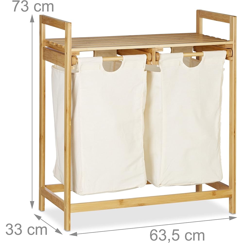 Relaxdays, nature Panier bambou 2 sacs 2 compartiments surface de rangement coffre à linge, 60 L, polyester, 1 élément : Cuisine et Maison