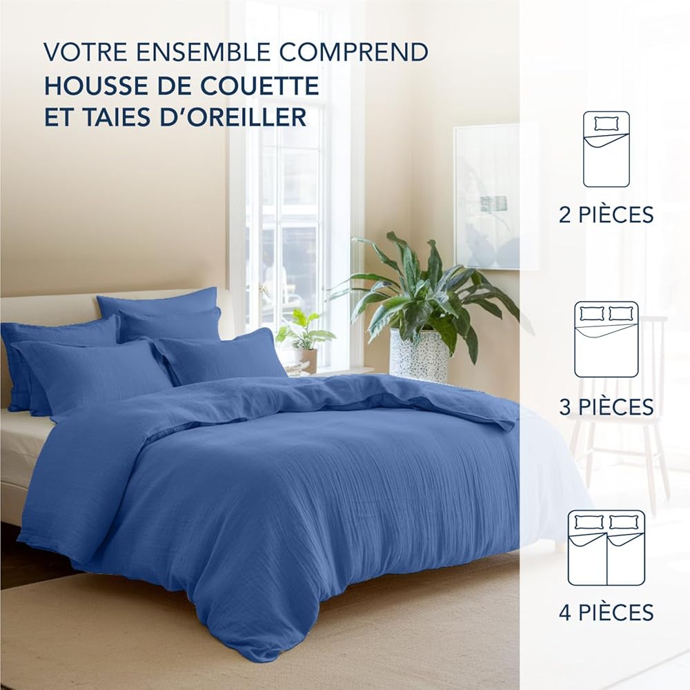 Dreamzie - Housse de Couette Gaze de Coton 240x220 cm avec 2 Taie Oreiller 80x80 cm - Bleu - Parure de Lit 240x220 Adulte - Certifié sans Produits Chimiques (Oeko TEX) : Cuisine et Maison