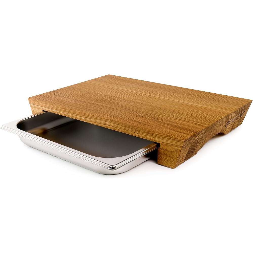 cleenbo - Planche à découper "style chêne" professionnelle en bois de chêne huilé avec bac d'égouttement (GN) 1/2 en acier inoxydable Gastronorm réglable, dimensions de la planche: 43 x 29 x 7 cm : Cuisine et Maison