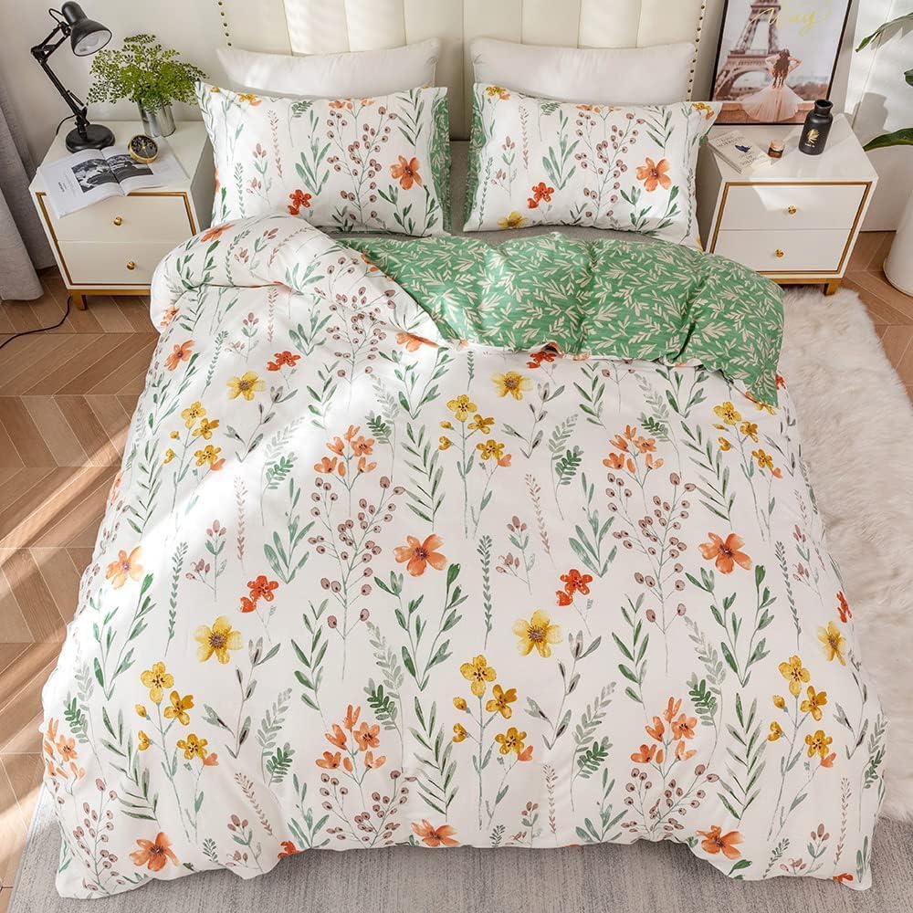 Housse de Couette 240 x 260 Coton Motif Fleurie Parure de Lit 100% Coton Imprimé Feuilles Vertes Adulte Parure Housse Couette 240x260 avec Fermeture Éclair 2 Personnes avec 2 Taies d'oreiller 65x65cm : Cuisine et Maison