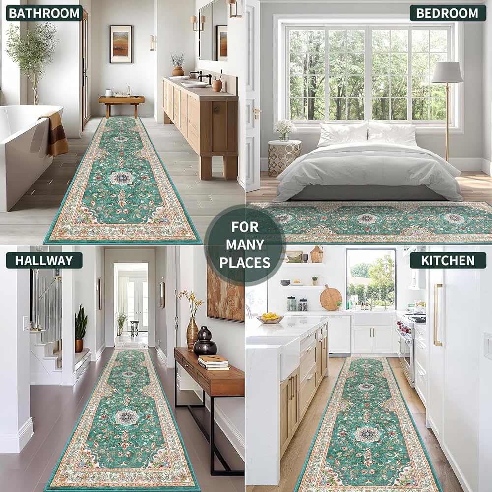 Enyhom Tapis de couloir extra long, vintage, antidérapant, lavable, pour couloir, entrée, buanderie, chambre à coucher, 80 x 300 cm, vert : Cuisine et Maison