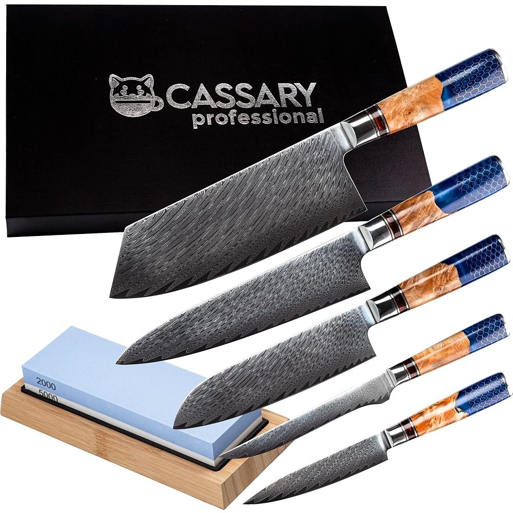 Set de couteaux de cuisine professionnel en acier damas avec pierre à aiguiser Japonaise. Couteau japonais professionnel (pierre a aiguiser japonaise inclus) idéal pour tout chef (5 set) : Cuisine et Maison