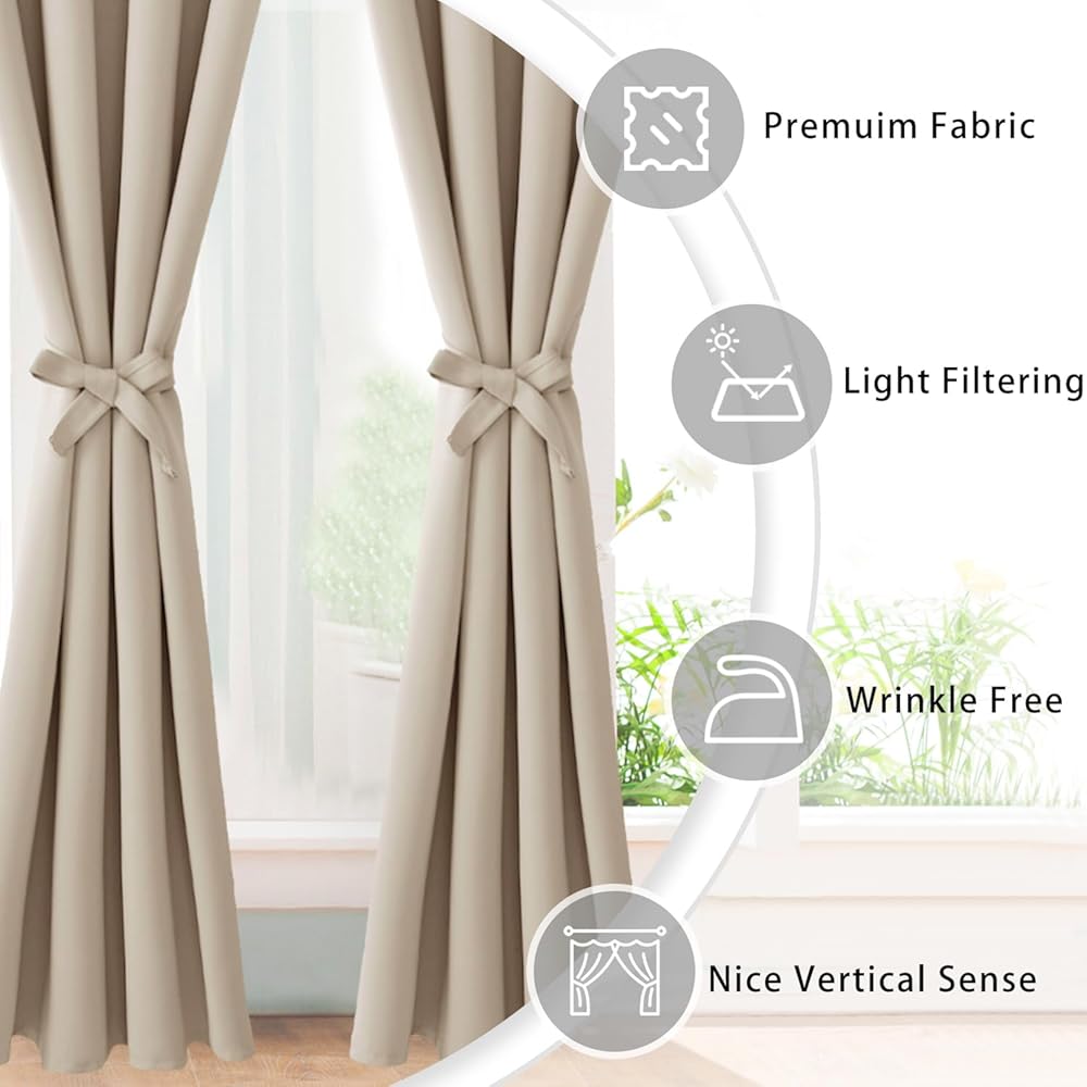 JIUZHEN Rideaux Occultants Rideau Thermique Isolant Anti Chaleur Lot de 2 Rideaux à Oeillets Isolation Lumiere Anti UV pour Chambre Maison Salon 167x228cm(LxH Beige : Cuisine et Maison