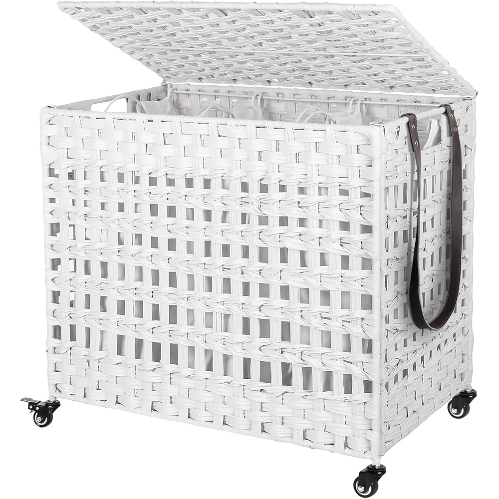 SONGMICS Panier à Linge tissé à la Main, Corbeille à Linge Imitation rotin, Mobile, 3 Compartiments de tri, Couvercle, poignées, Sacs Amovibles, Salon, Salle de Bain, buanderie, Blanc LCB083W01 : Cuisine et Maison