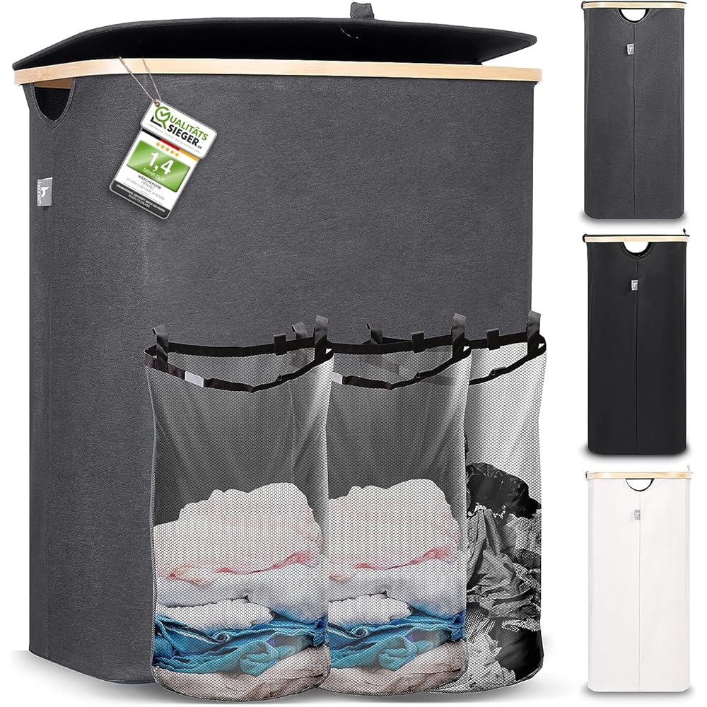 HENNEZ Panier à Linge 150L - Paniere a Linge Sale 3 Compartiment - Bac a Linge Sale Pliable avec Couvercle, Poignée en Bambou - Corbeille a Linge pour Buanderie - Panier a Linge, Gris : Cuisine et Maison