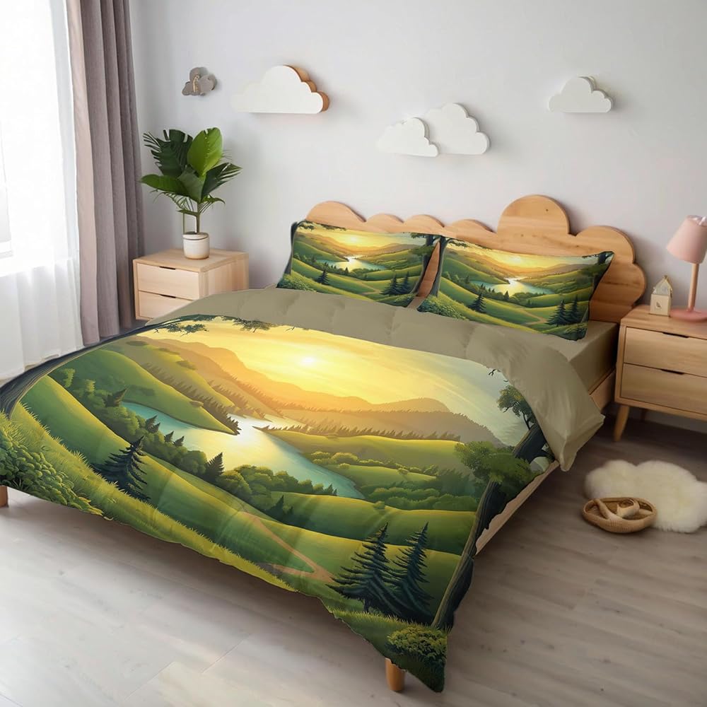 MULERN Parure de lit Coucher De Soleil Collines, Parure de Couette pour Enfants, Paysage Plantes Douce Microfibre Respirante 240x260cm Housse de Couette avec Fermeture éclair et 2 taie d'oreiller : Cuisine et Maison