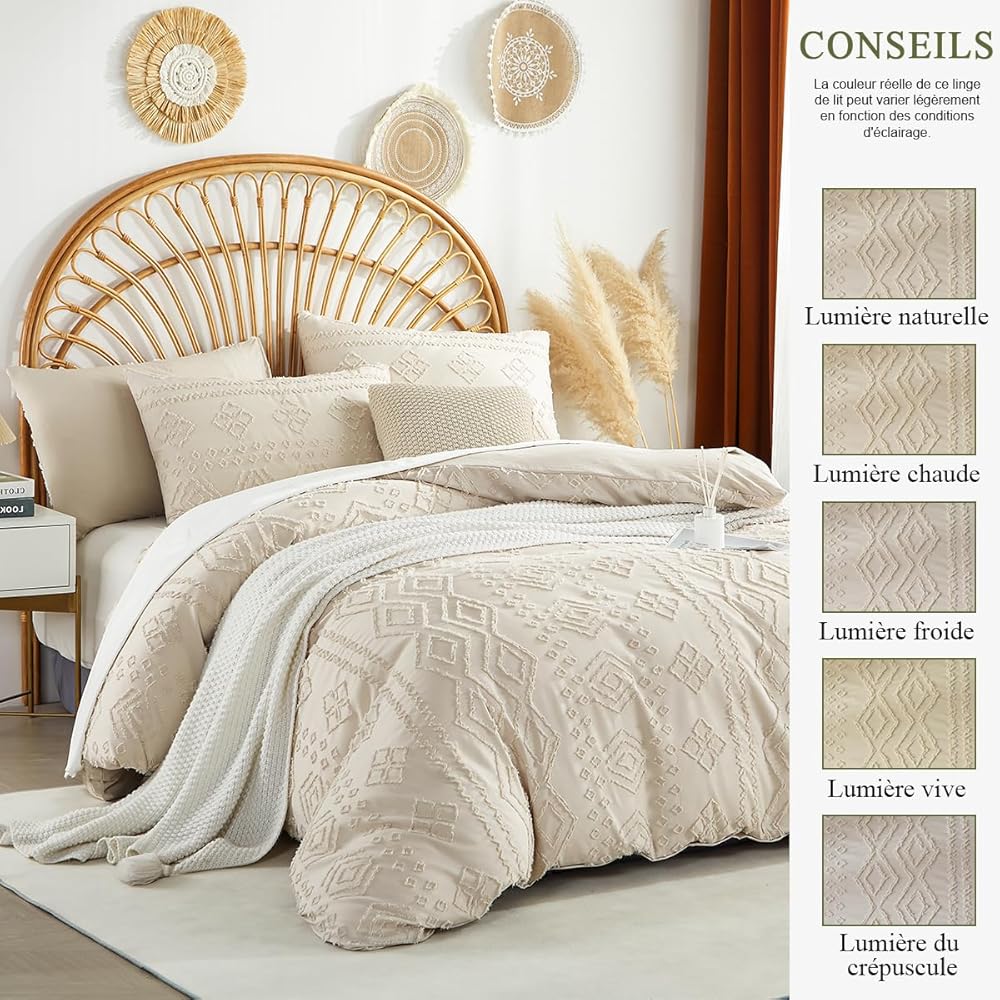 Sedefen Bohème Housse de Couette 240x260 cm Beige Tuftée Broderie Parure de Lit 2 Personnes Adulte Ado Shabby Chic Boho Linge de lit Avez Fermeture Éclair et 2 Taies d'oreiller 65x65cm : Cuisine et Maison
