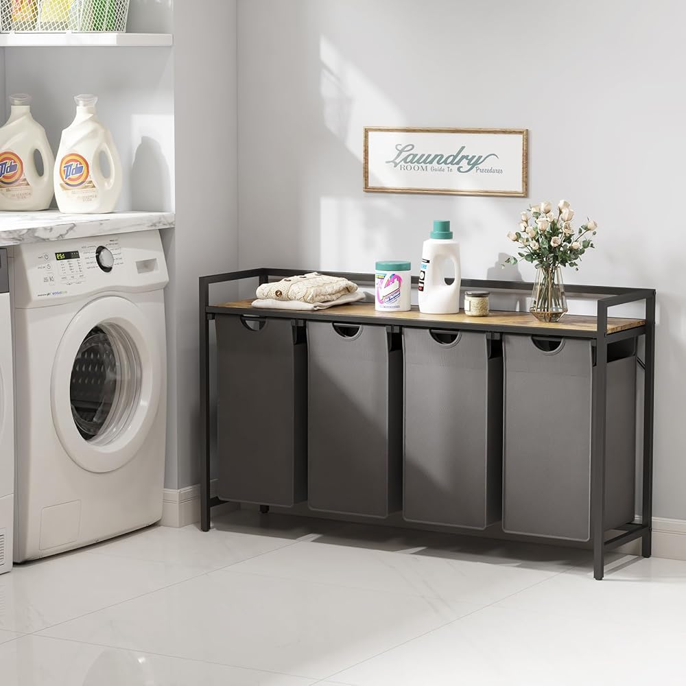 Lifewit Panier a Linge 4 Compartiments 168L, Meuble Linge Sale avec 4 Sac à Linge Sale en Tissu Oxford et Étagère en Métal, Bac à Linge pour Buanderie, Chambres, Salles de Bains, Dortoirs, Gris : Cuisine et Maison