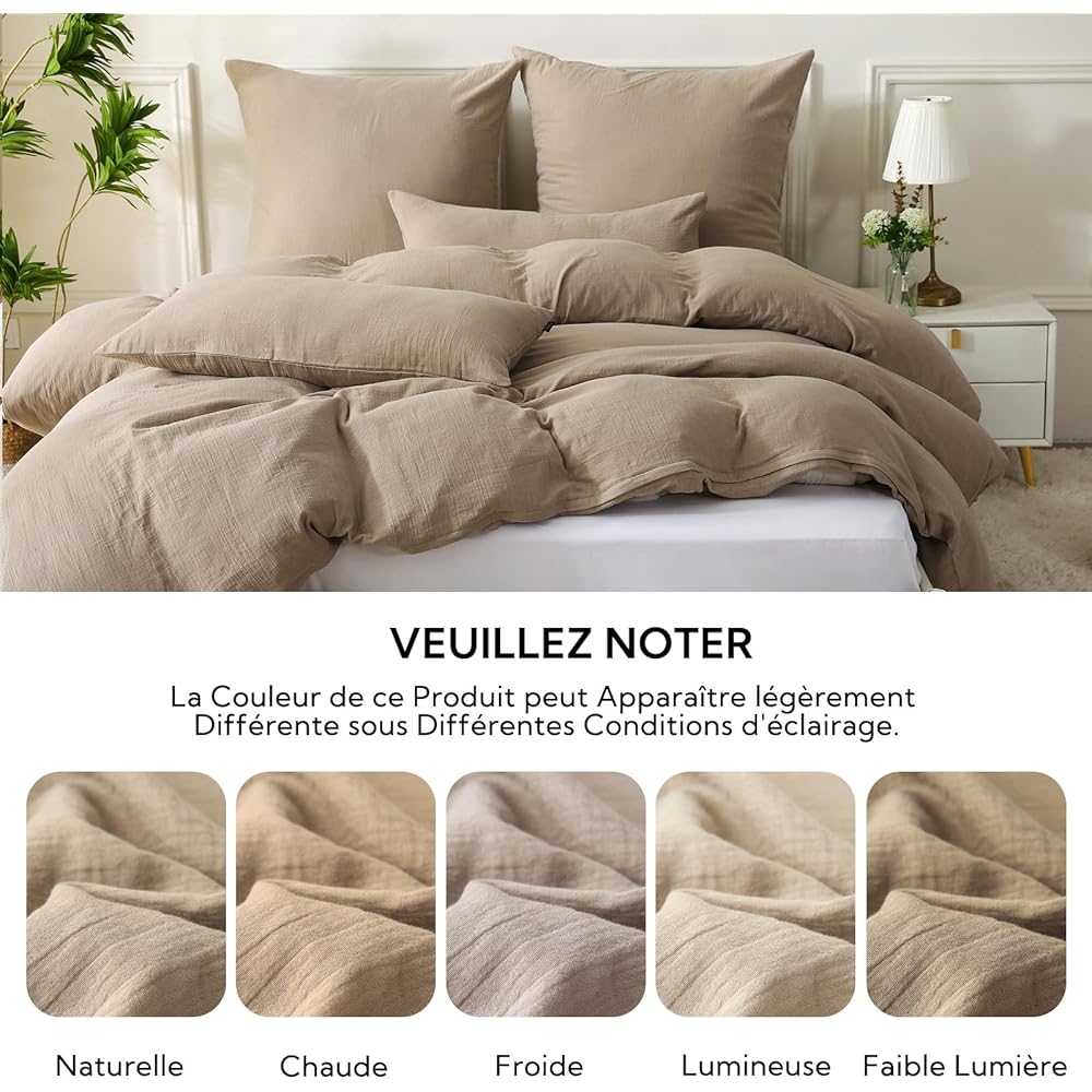 SOULFUL Housse de Couette 220x240 Gaze de Coton Beige-Café, Parure de Housse de Couette avec Fermeture Éclair, Certifié Oeko-TEX, Parure de Lit 2 Personnes 220x240 cm avec 2 Taie d'oreiller 65x65 cm : Cuisine et Maison