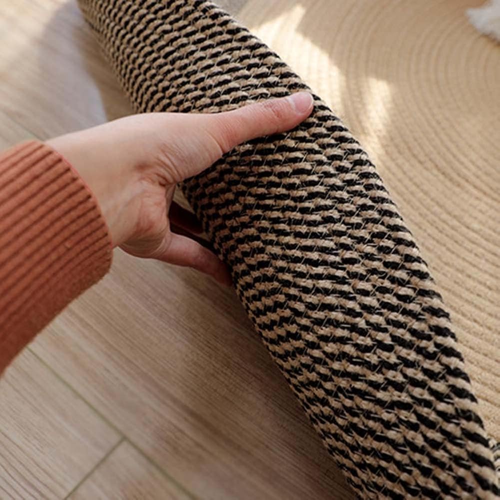 INKAROBOX Tapis rond tissé à la main en pur coton avec pompons au look rétro pour chambre à coucher, salon, table, bureau (noir/beige, 120 cm, rond) : Cuisine et Maison