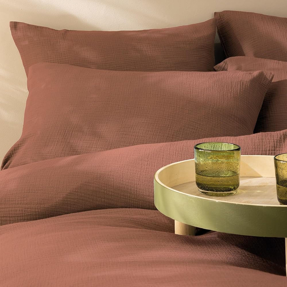MATT &amp; ROSE Parure de lit Unie Double Gaze DE Coton 240x220cm | 100% Coton de qualité supérieure | Oeko-TEX | Housse de Couette 240x220cm + 2 Taies d'oreiller 65x65 cm | Terre Cuite : Cuisine et Maison