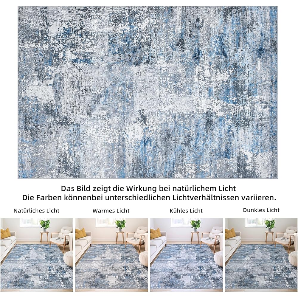 Guchuang Bedding Tapis de salon, 160 x 230 cm, bleu/gris, vintage, design abstrait, à poils courts, lavable, antidérapant, pour chambre à coucher : Cuisine et Maison