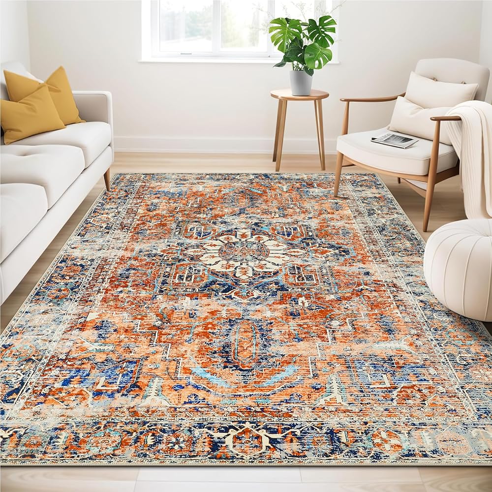WONGS BEDDING Tapis de salon, 140 x 200 cm, style bohème à poils courts, pour salle à manger, chambre à coucher, lavable, antidérapant, en laine synthétique tapis, orange : Cuisine et Maison