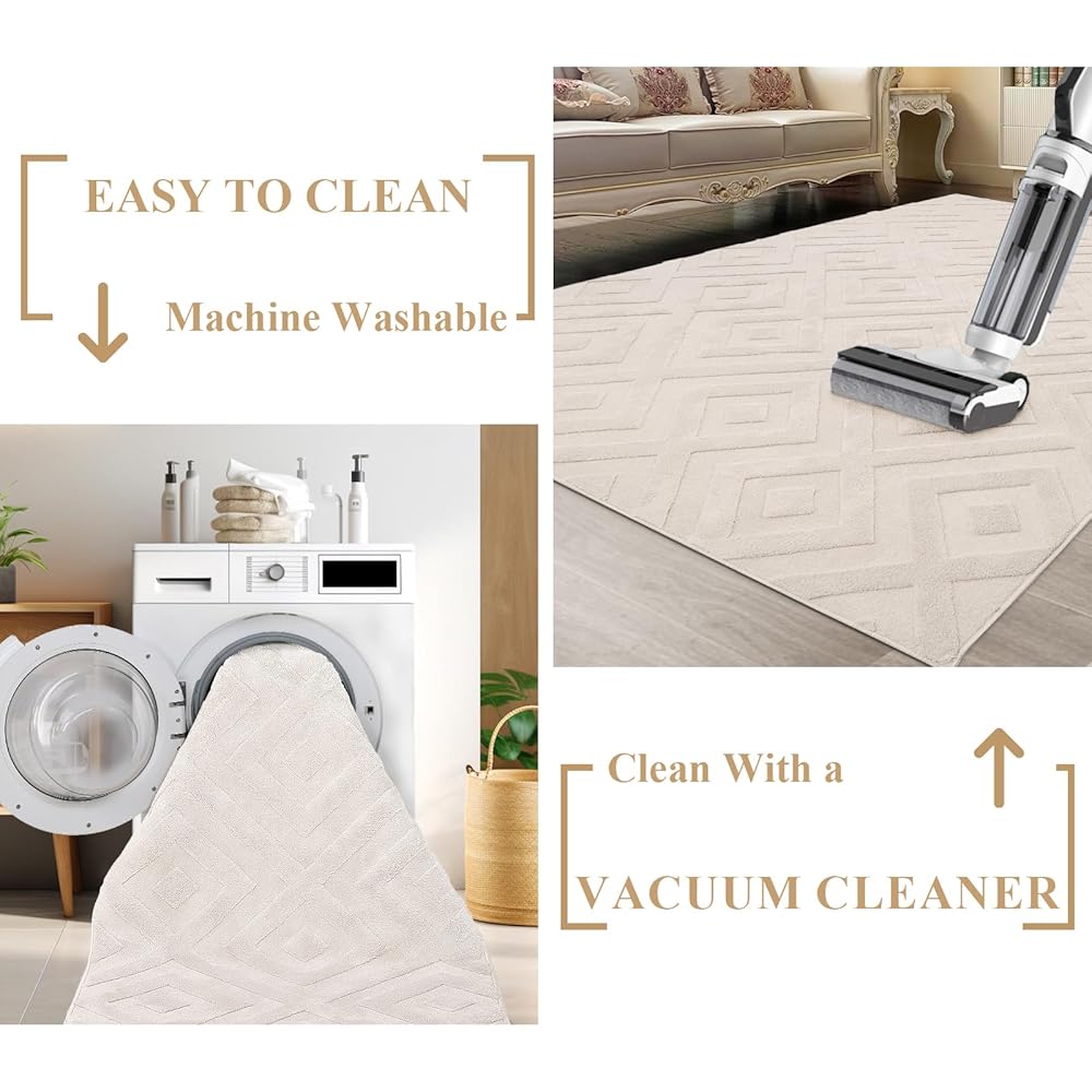 Enyhom Grand tapis géométrique doux lavable en machine pour chambre à coucher - Design moderne - Antidérapant et résistant aux taches - Pour cuisine, salle à manger, salon (crème, 140 x 200 cm) : Cuisine et Maison