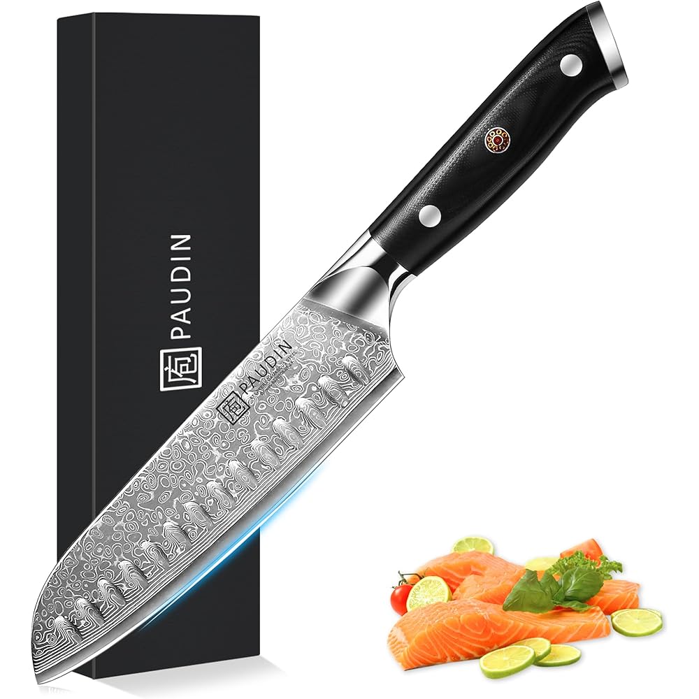 PAUDIN Couteau Santoku Damas 17 cm, couteau de chef ultra tranchant 67 couches en acier Damas avec âme japonaise VG10, couteau de cuisine professionnel avec manche ergonomique G10 : Cuisine et Maison