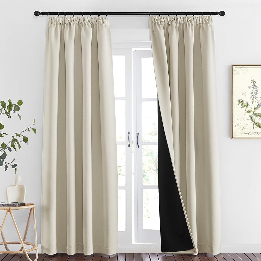 PONY DANCE Rideaux Très Occultants - Double Rideaux Chambre Galon Fronceur Anti-Bruit Tissu Lourd 100% Lumiere Bloquer Isolant Thermique Ombrage, Beige Clair, L 140 x H 220 cm, Lot de 2 : Cuisine et Maison