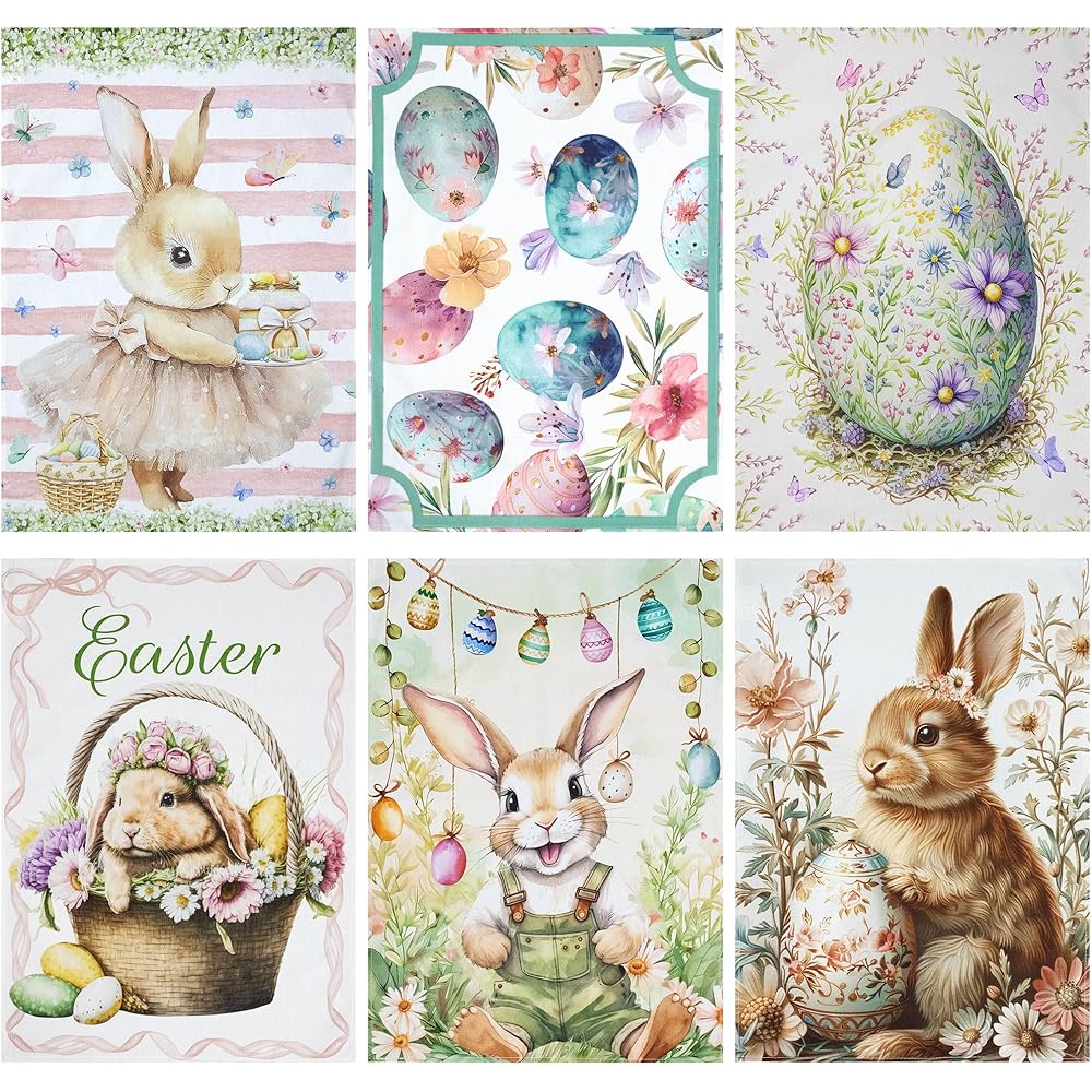 Nada Home Lot de 6 torchons de Pâques en coton lapins de printemps 7031 : Cuisine et Maison