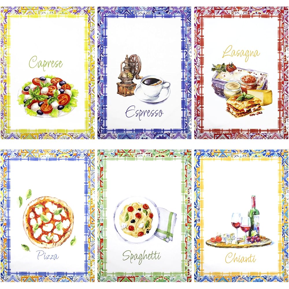 Nada Home Lot de 6 torchons cuisine nourriture Italie torchons en coton 6858 : Cuisine et Maison
